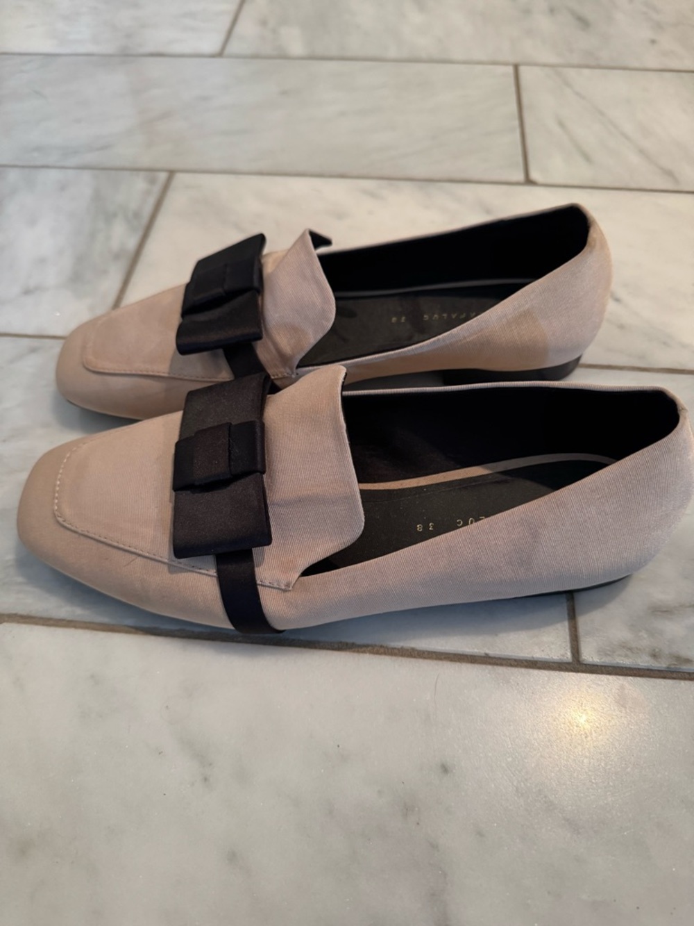 Zara Pale Beige Loafers with Black Bow Trim